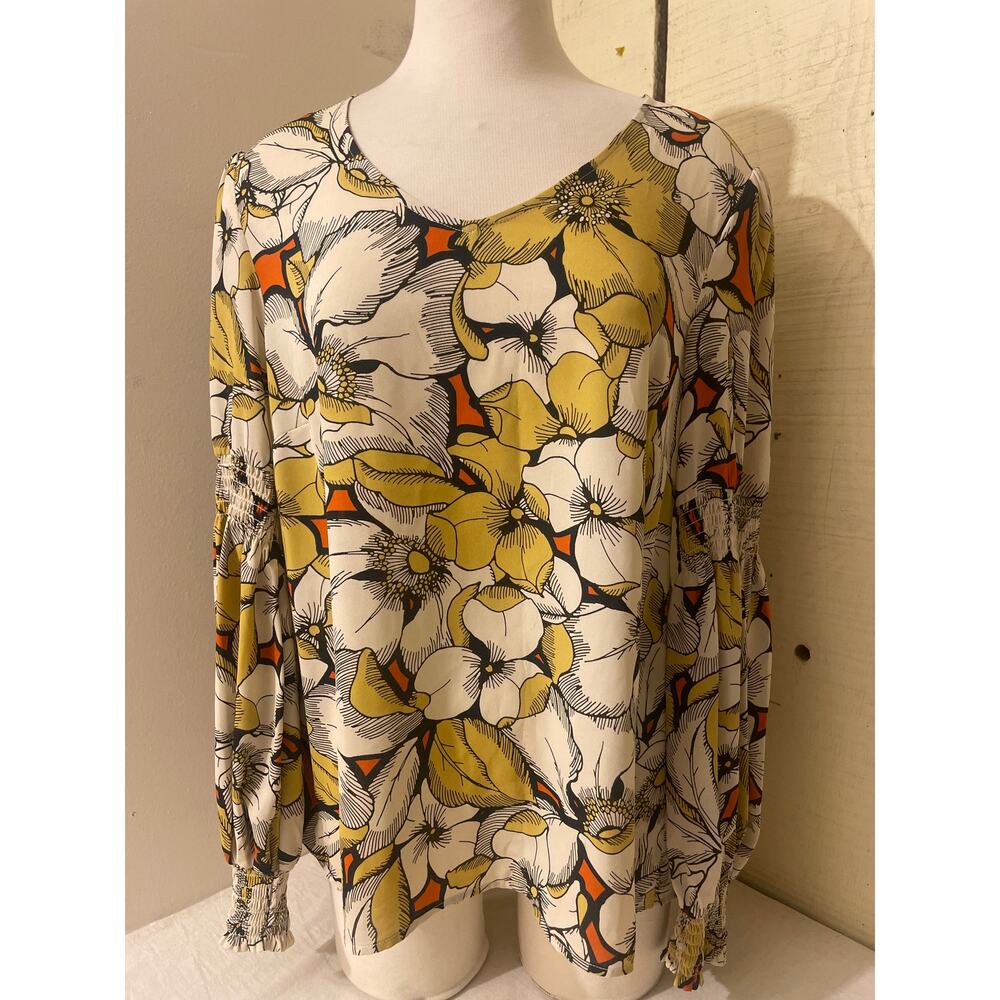 Cabi Women's Size Medium Floral‎ Blouse Long Sleeve V-neck Peasant Style